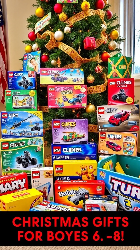 A variety of Christmas gifts for boys aged 6-8, including toys and games, displayed around a decorated Christmas tree.